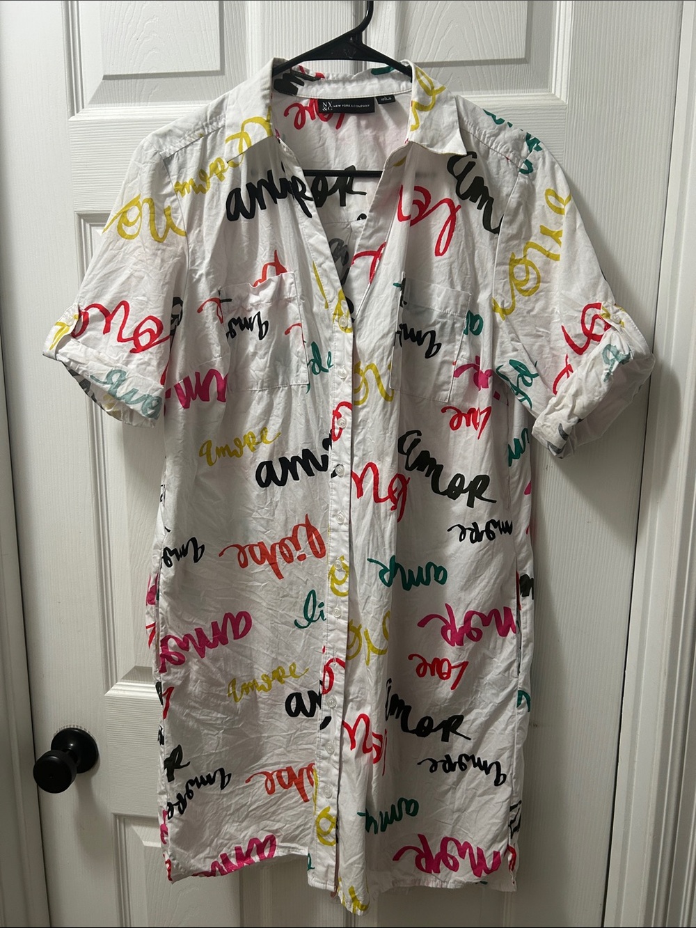 White colorful Script Print 100% Cotton shirt dress - Size L - Picture 1 of 4